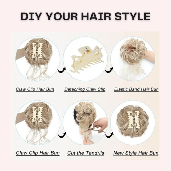 Messy Hair Bun Set with Bangs Claw Clip Curly Synthetic Hair Extension